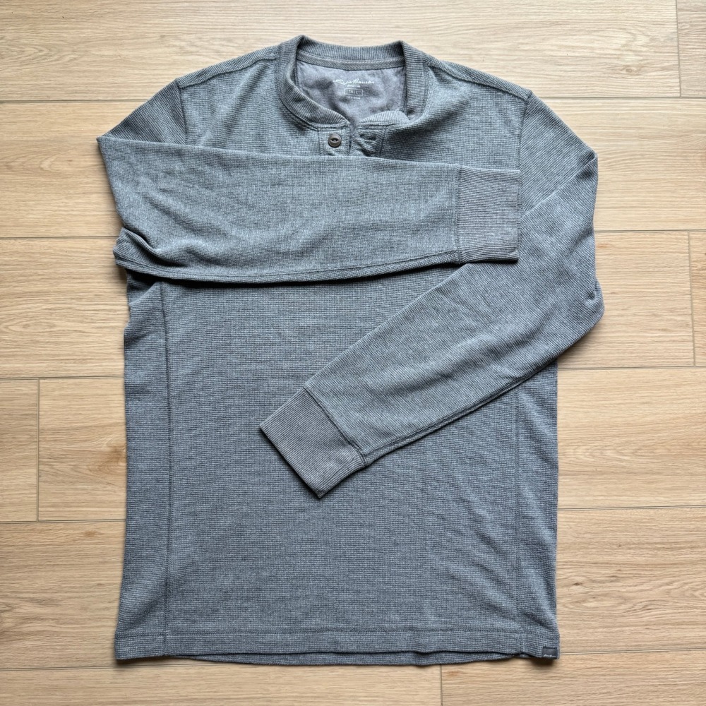 Eddie Bauer Mens Tall L Henley Shirt Gray Long Sleeve Waffle Knit Cotton Blend